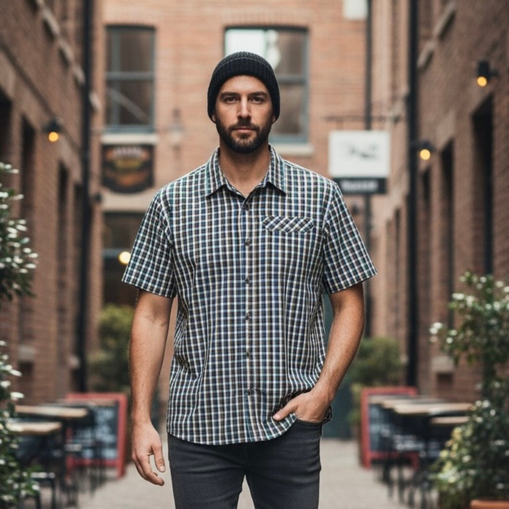 PRANA Brown/Blue Check Plaid Short Sleeve Shirt Size L